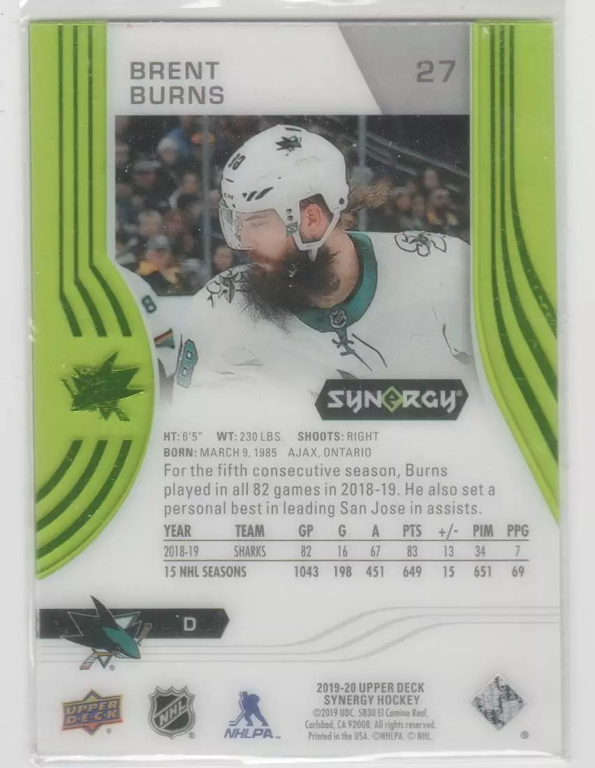 2019-20 Synergy Green #27 Brent Burns 1
