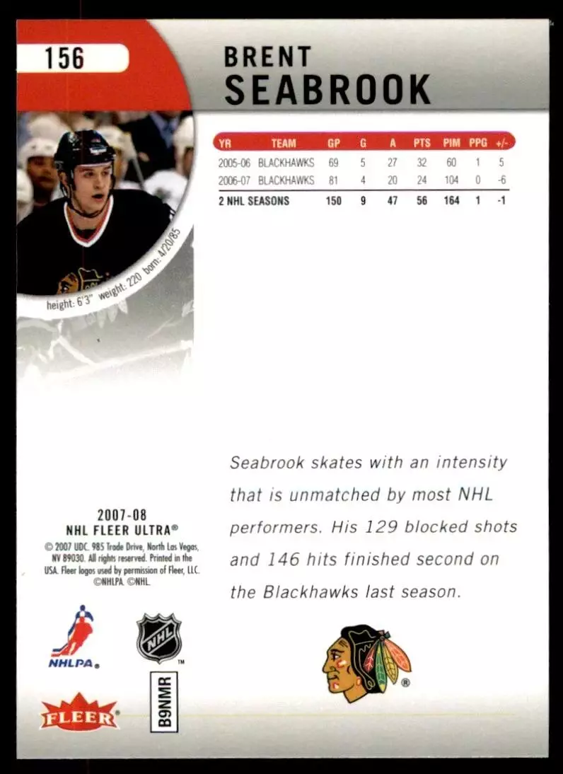 2007-08 Ultra #156 Brent Seabrook 1
