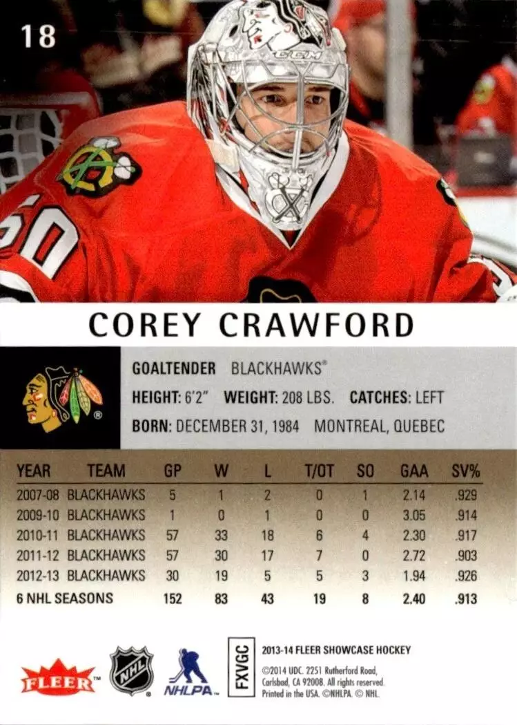 2013-14 Fleer Showcase #18 Corey Crawford 1