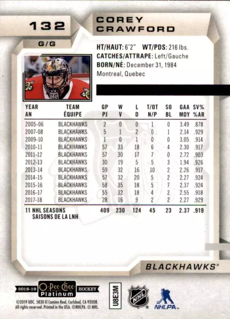 2018-19 O-Pee-Chee Platinum #132 Corey Crawford 1