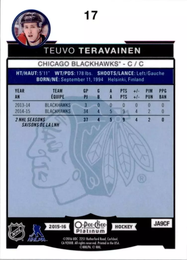 2015-16 O-Pee-Chee Platinum #17 Teuvo Teravainen 1