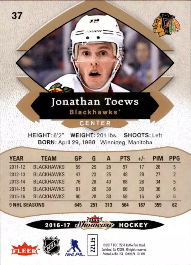 2016-17 Fleer Showcase #37 Jonathan Toews 1