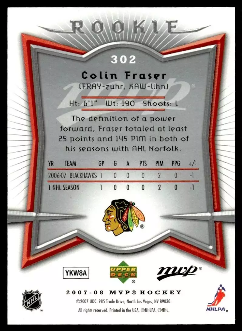 2007-08 Upper Deck MVP #302 Colin Fraser RC 1