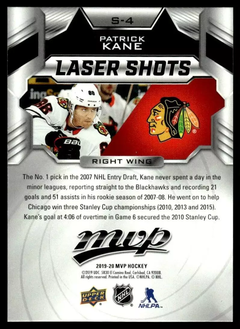 2019-20 Upper Deck MVP Laser Shots #S4 Patrick Kane 1