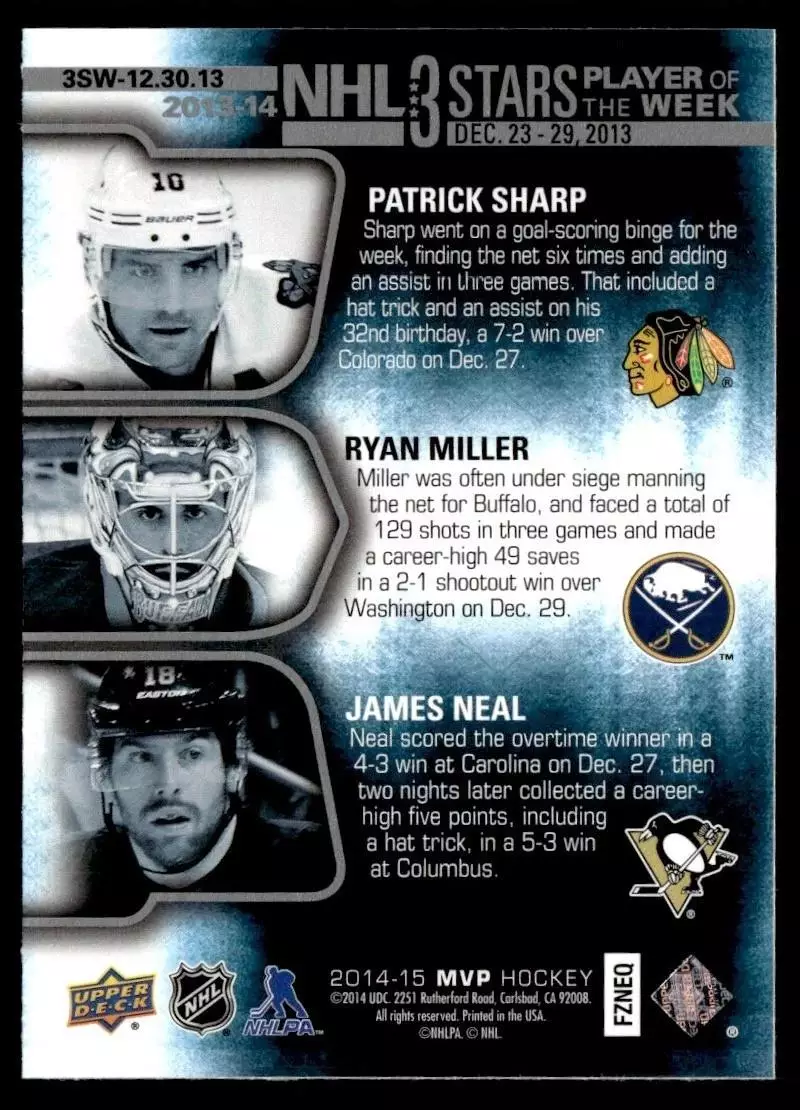 2014-15 Upper Deck MVP NHL Three Stars Player of the Week #3SW123013 1
