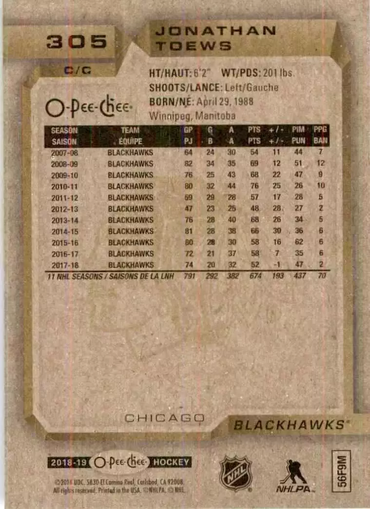 2018-19 O-Pee-Chee #305 Jonathan Toews 1