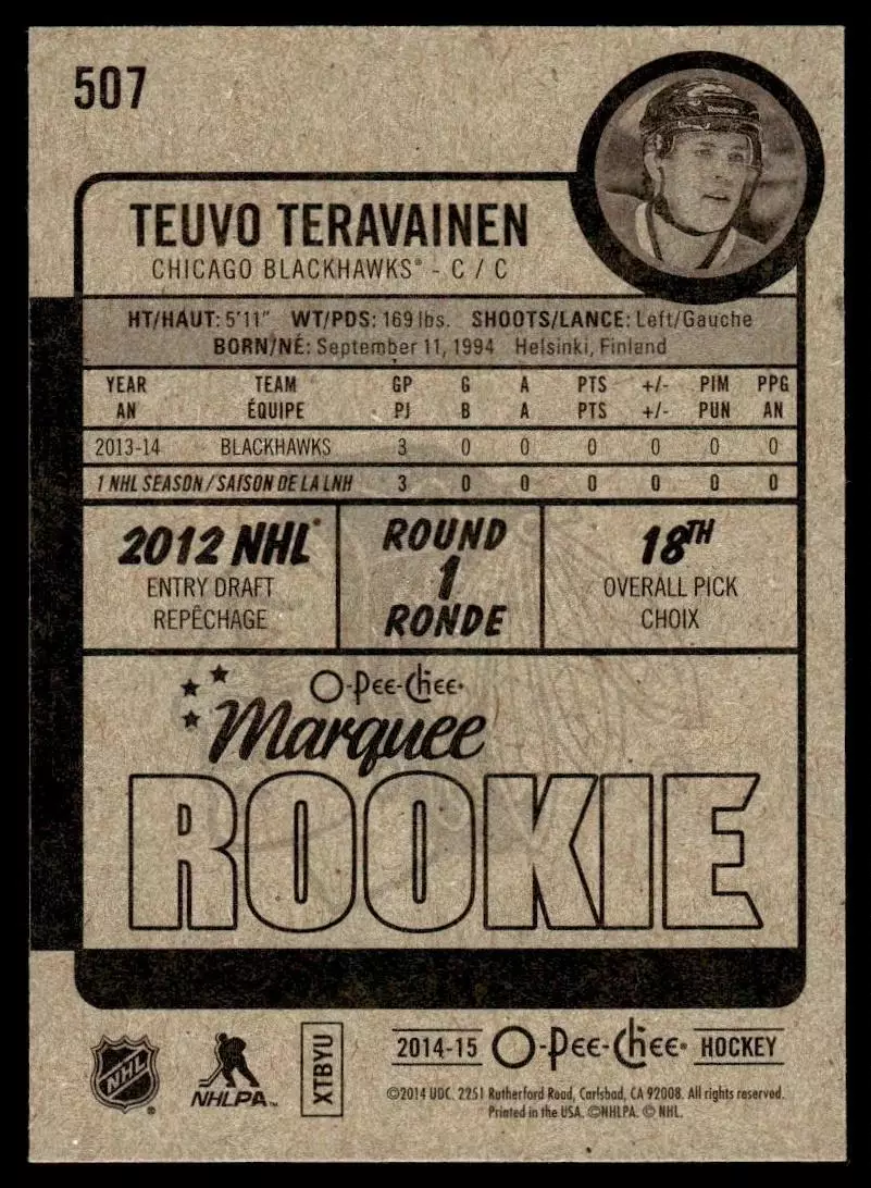 2014-15 O-Pee-Chee #507 Teuvo Teravainen RC 1