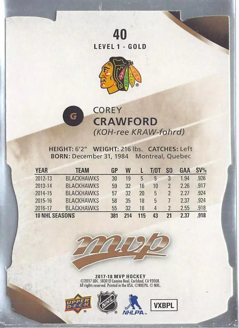 2017-18 Upper Deck MVP Colors and Contours #40 Corey Crawford G1 1