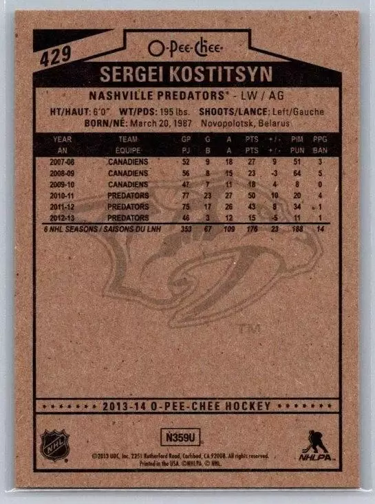 2013-14 O-Pee-Chee #429 Sergei Kostitsyn 1