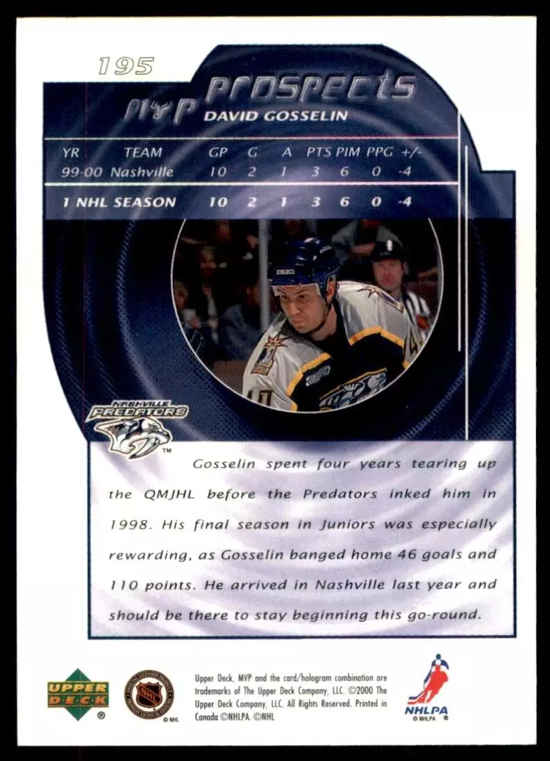 2000-01 Upper Deck MVP #195 David Gosselin RC 1