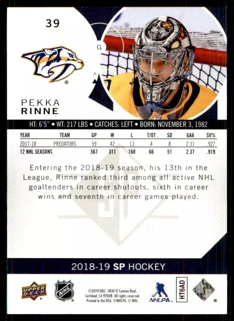 2018-19 SP Authentic #39 Pekka Rinne 1