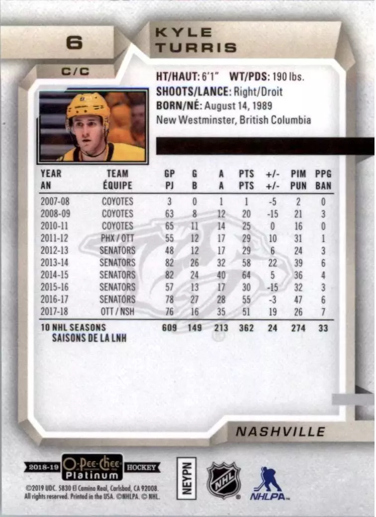 2018-19 O-Pee-Chee Platinum #6 Kyle Turris 1