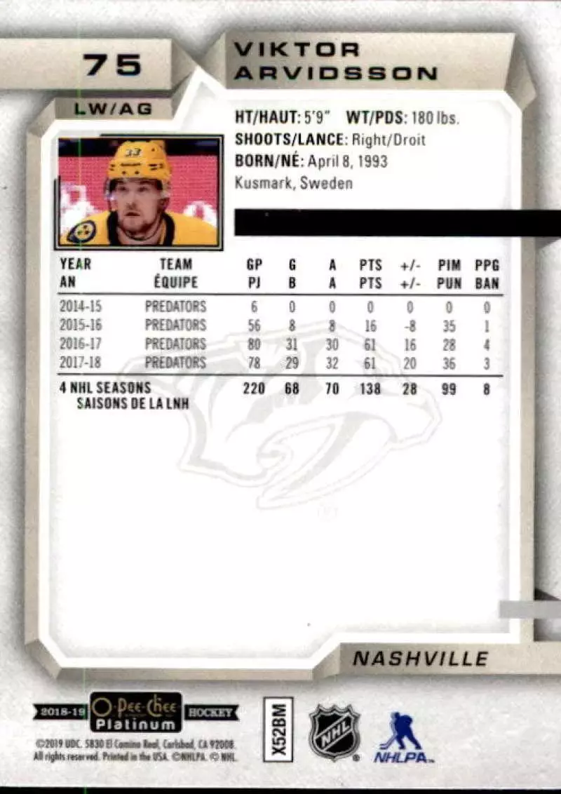 2018-19 O-Pee-Chee Platinum #75 Viktor Arvidsson 1