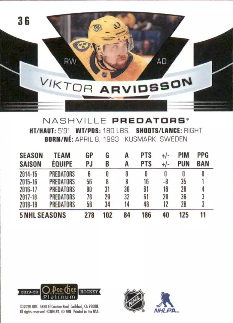 2019-20 O-Pee-Chee Platinum #36 Viktor Arvidsson 1