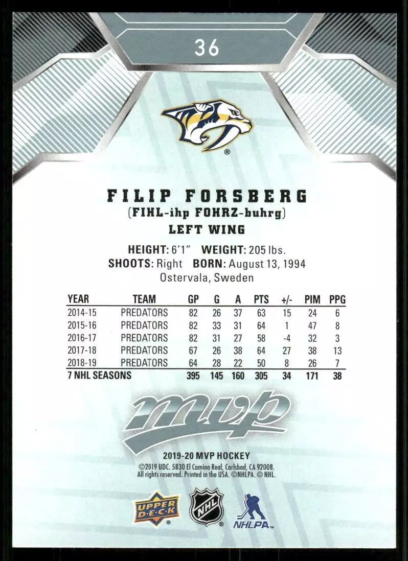 2019-20 Upper Deck MVP #36 Filip Forsberg 1