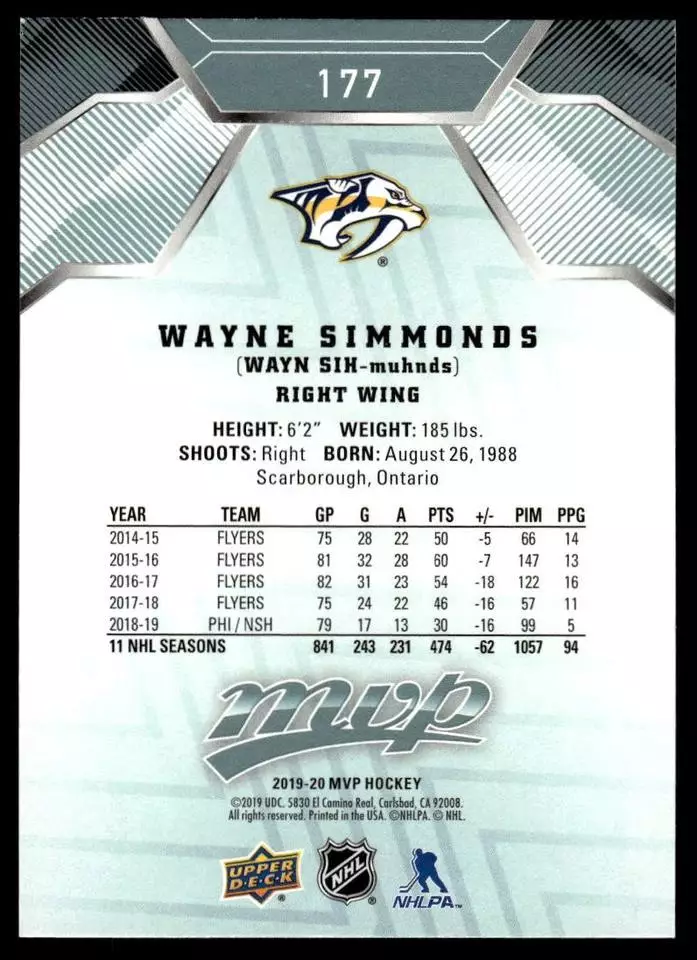 2019-20 Upper Deck MVP #177 Wayne Simmonds 1