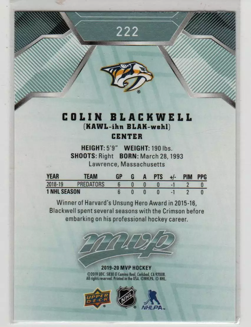 2019-20 Upper Deck MVP #222 Colin Blackwell SP RC 1