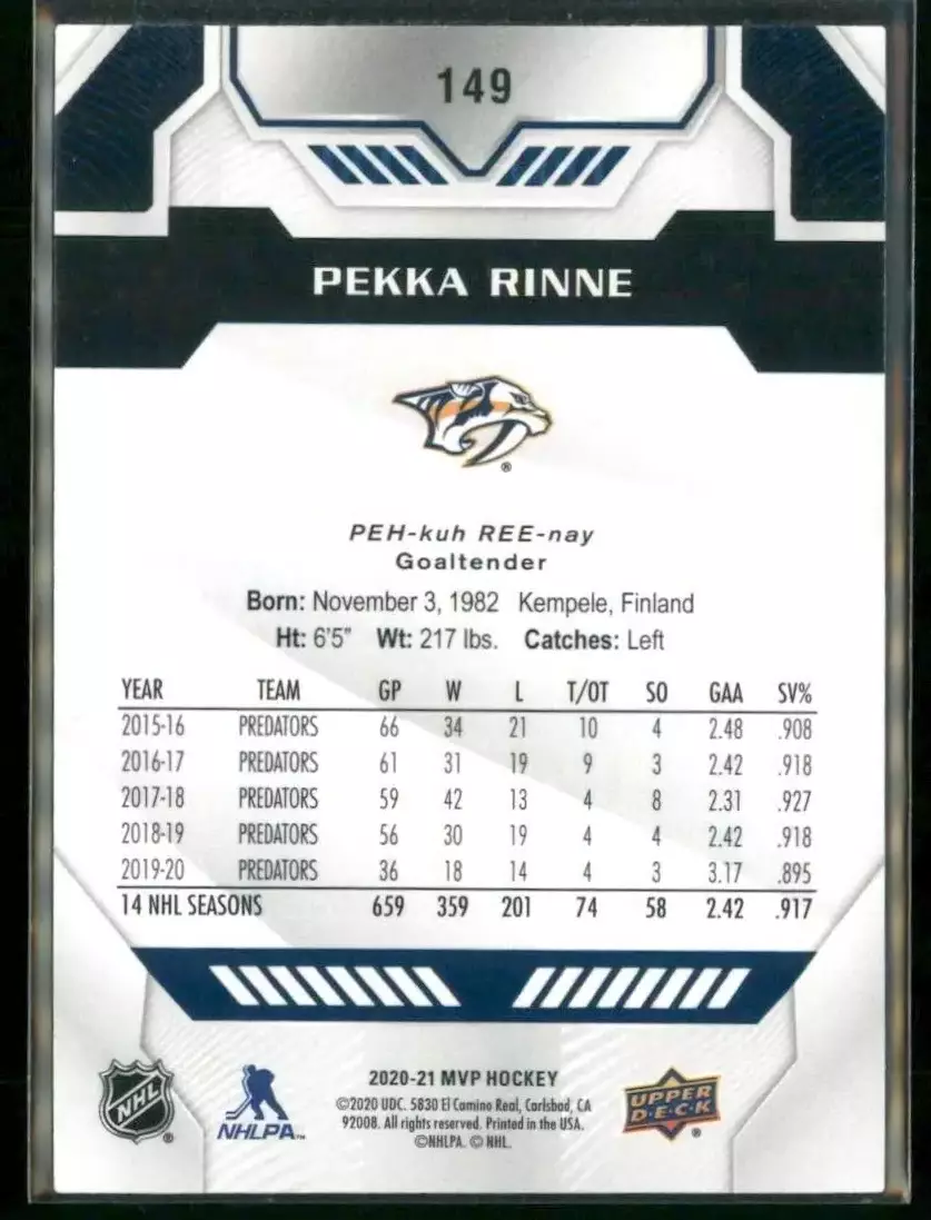 2020-21 Upper Deck MVP #149 Pekka Rinne 1