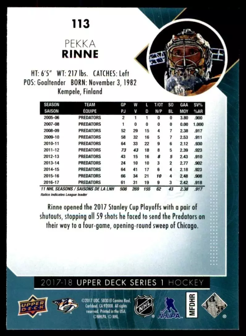 2017-18 Upper Deck #113 Pekka Rinne 1