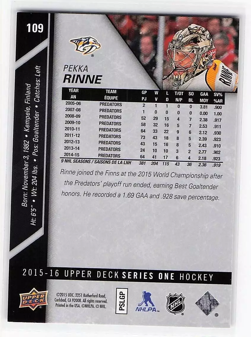 2015-16 Upper Deck #109 Pekka Rinne 1