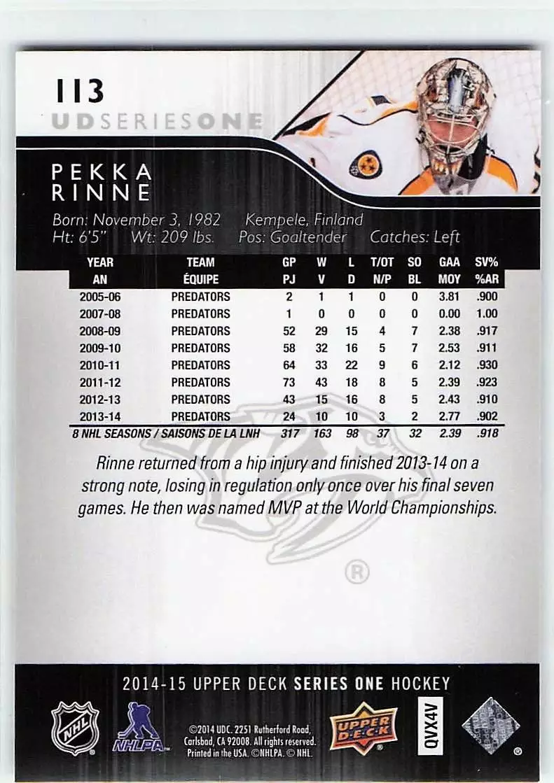 2014-15 Upper Deck #113 Pekka Rinne 1