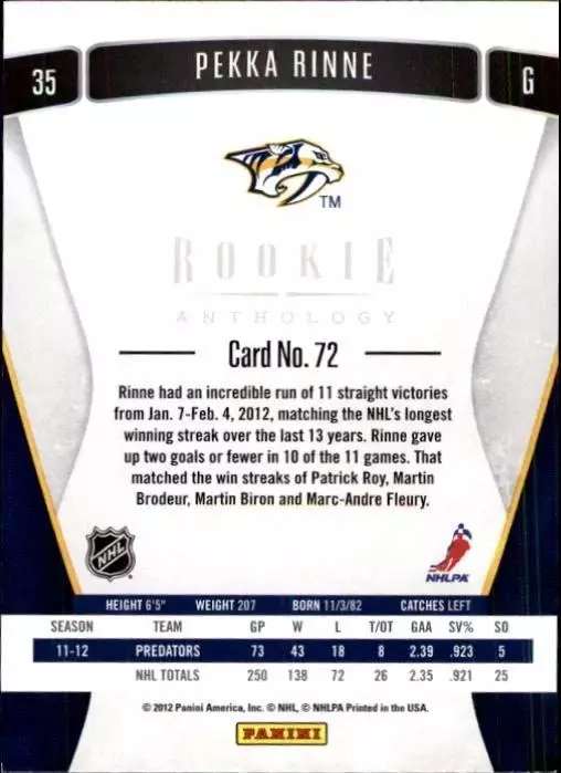 2011-12 Panini Rookie Anthology #72 Pekka Rinne 1