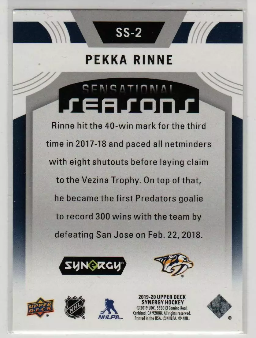 2019-20 Synergy Sensational Seasons #SS2 Pekka Rinne 1