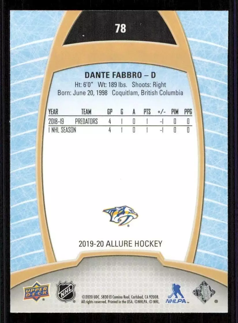 2019-20 Upper Deck Allure #78 Dante Fabbro RC 1