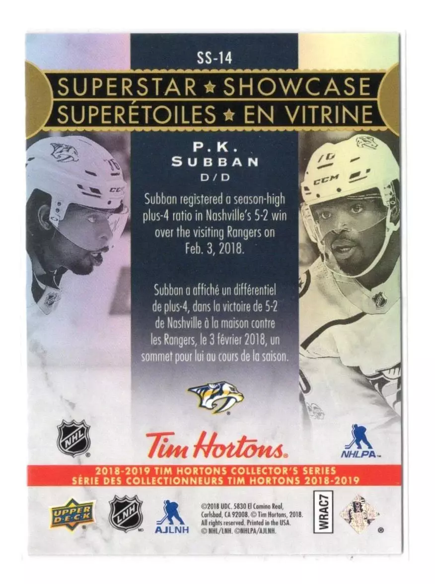 2018-19 Upper Deck Tim Hortons Superstar Showcase #SS14 P.K. Subban 1
