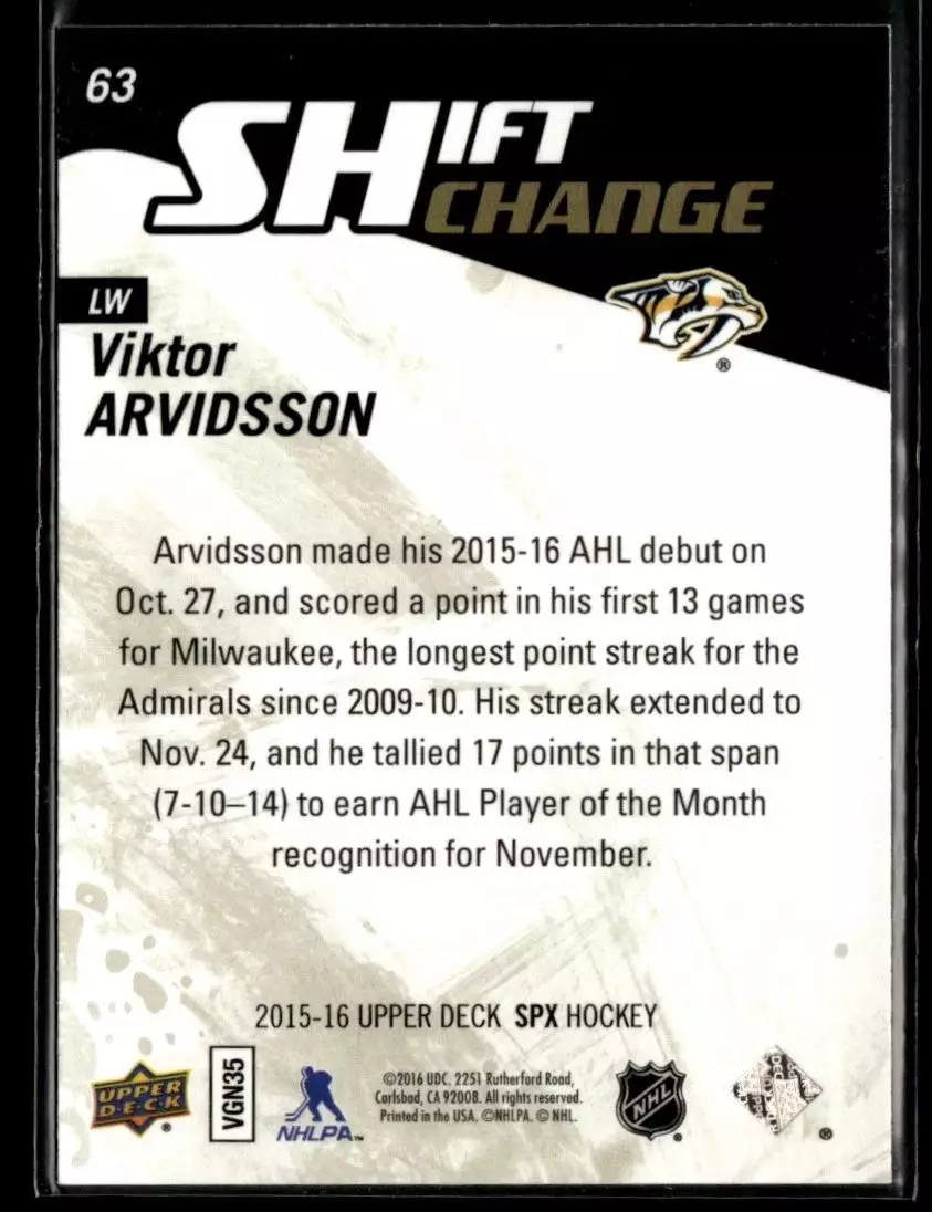 2015-16 SPx #63 Viktor Arvidsson SC 1