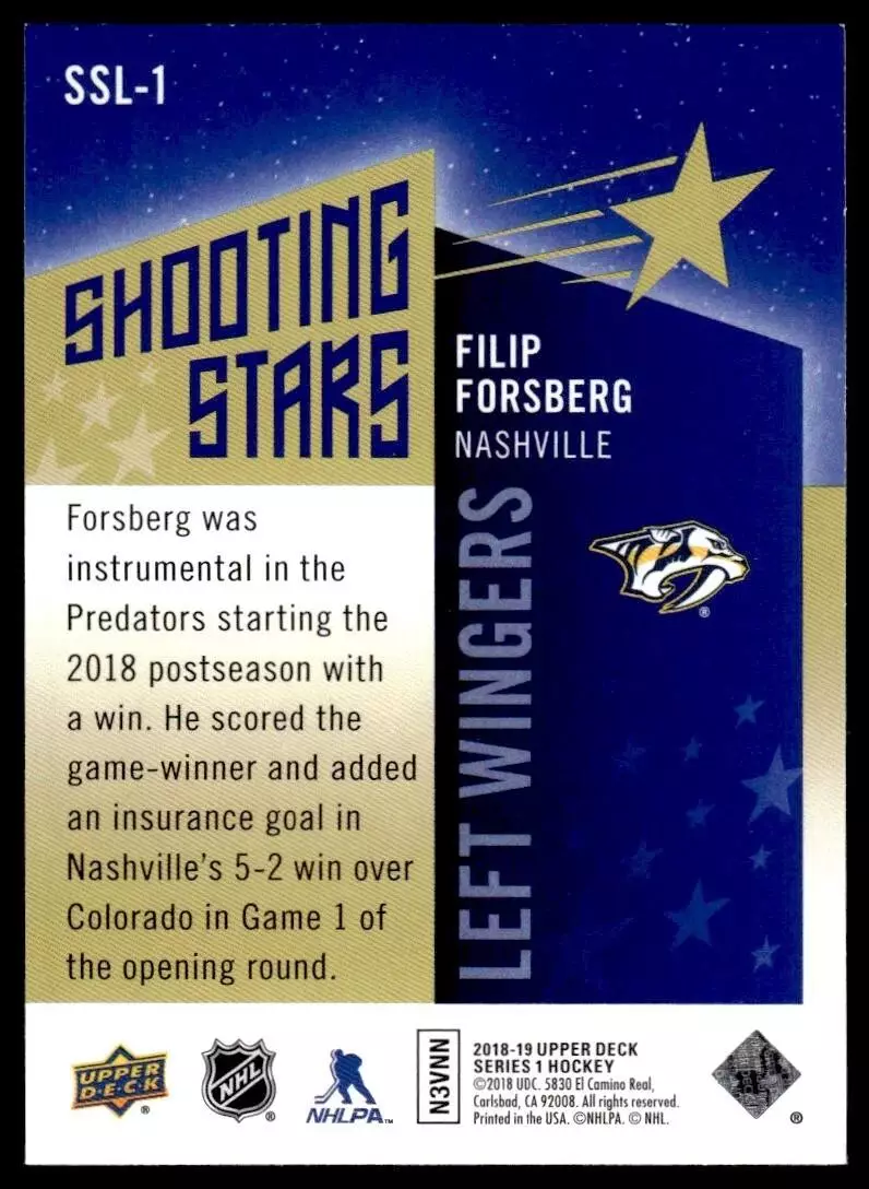 2018-19 Upper Deck Shooting Stars Left Wingers #SSL1 Filip Forsberg 1
