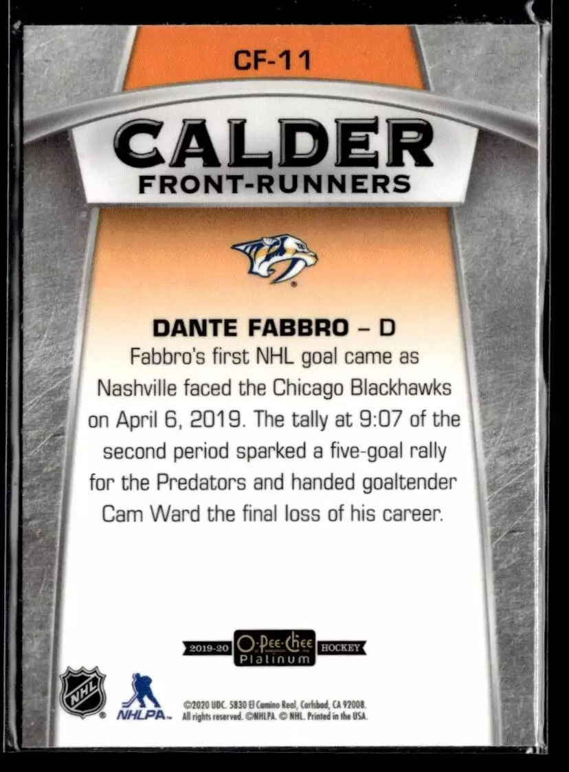 2019-20 O-Pee-Chee Platinum Calder Front Runners #CF11 Dante Fabbro 1