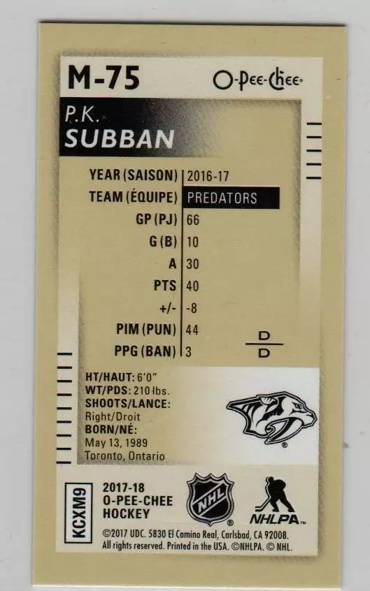 2017-18 O-Pee-Chee Mini Black #M75 P.K. Subban RARE 1