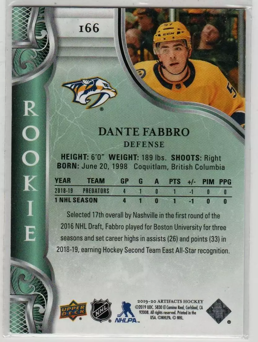 2019-20 Artifacts #166 Dante Fabbro RC 305\999 1