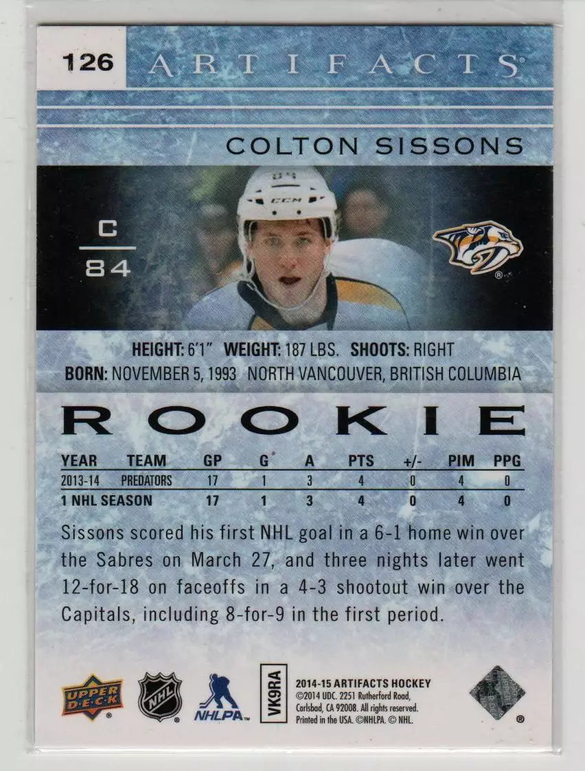 2014-15 Artifacts #126 Colton Sissons RC 431\999 1