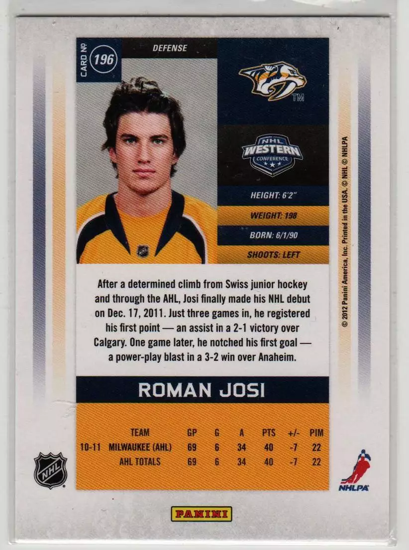 2011-12 Panini Contenders #196 Roman Josi RC 360\999 1