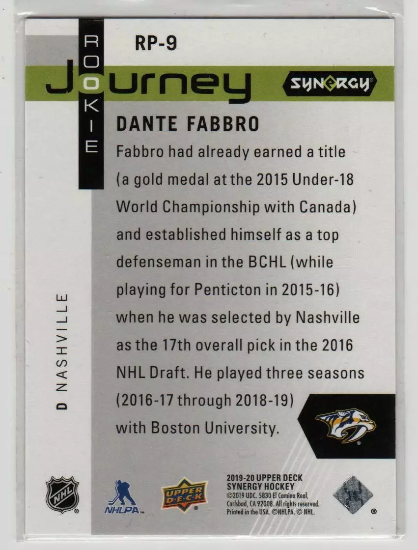 2019-20 Synergy Rookie Journey Draft Day #RP9 Dante Fabbro 343\999 1