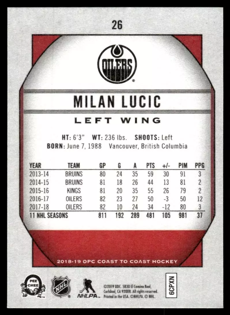 2018-19 O-Pee-Chee Coast to Coast #26 Milan Lucic 1