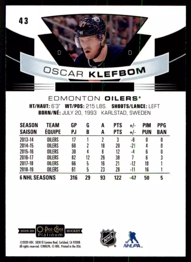 2019-20 O-Pee-Chee Platinum #43 Oscar Klefbom 1