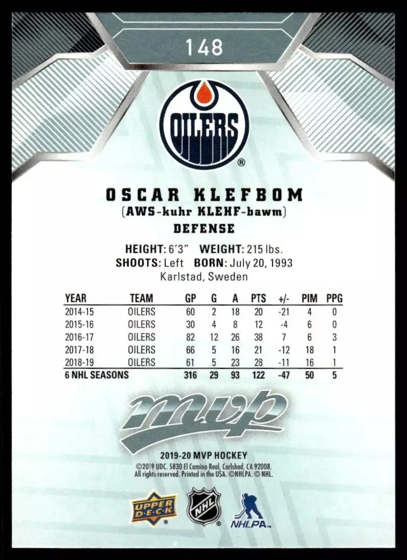 2019-20 Upper Deck MVP #148 Oscar Klefbom 1