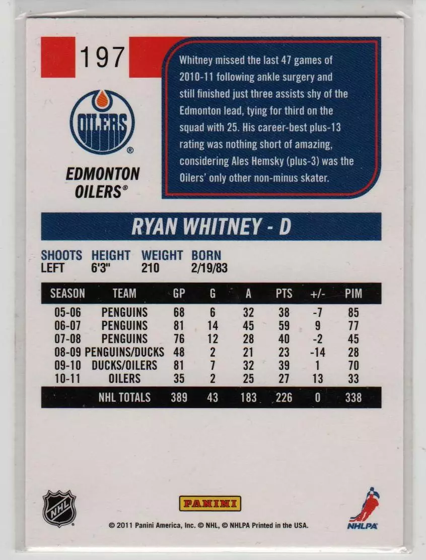 2011-12 Score #197 Ryan Whitney 1