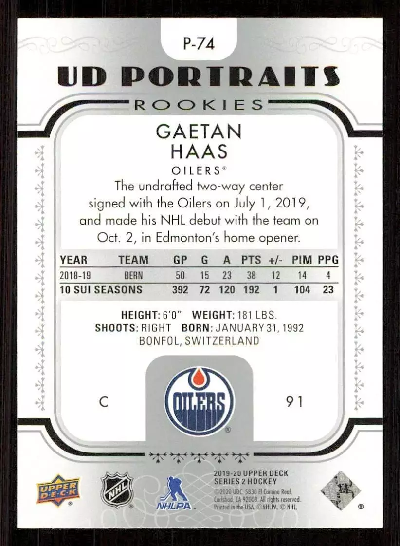 2019-20 Upper Deck UD Portraits #P74 Gaetan Haas 1