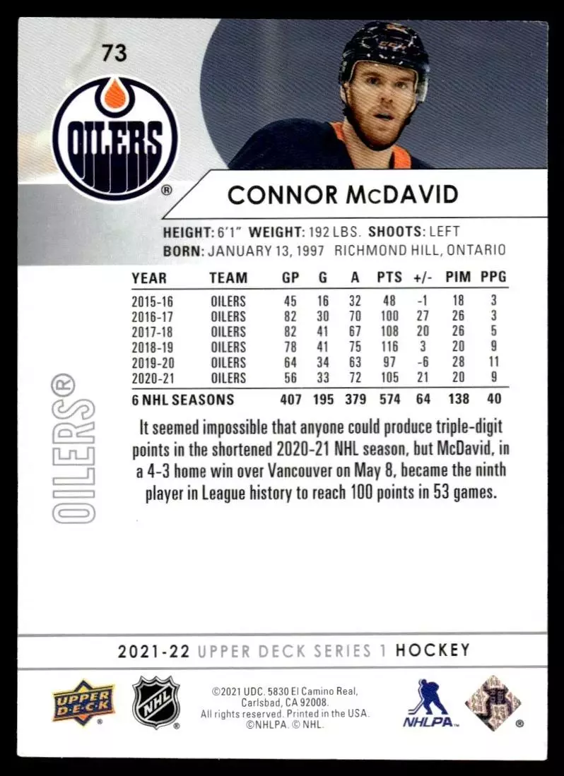 2021-22 Upper Deck #73 Connor McDavid 1