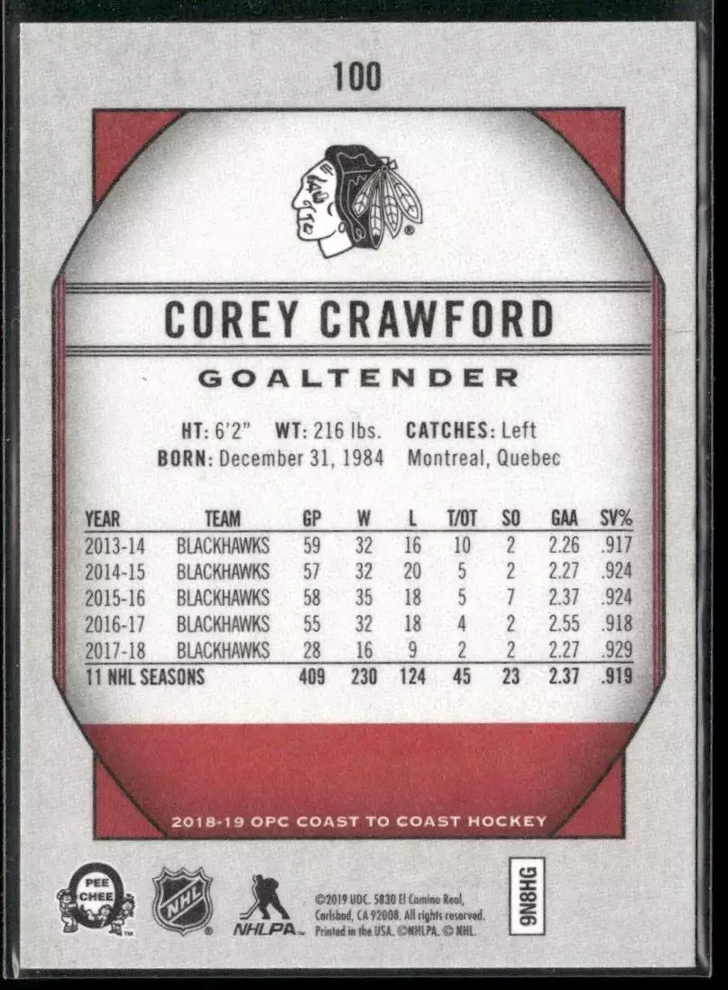 2018-19 O-Pee-Chee Coast to Coast #100 Corey Crawford 1