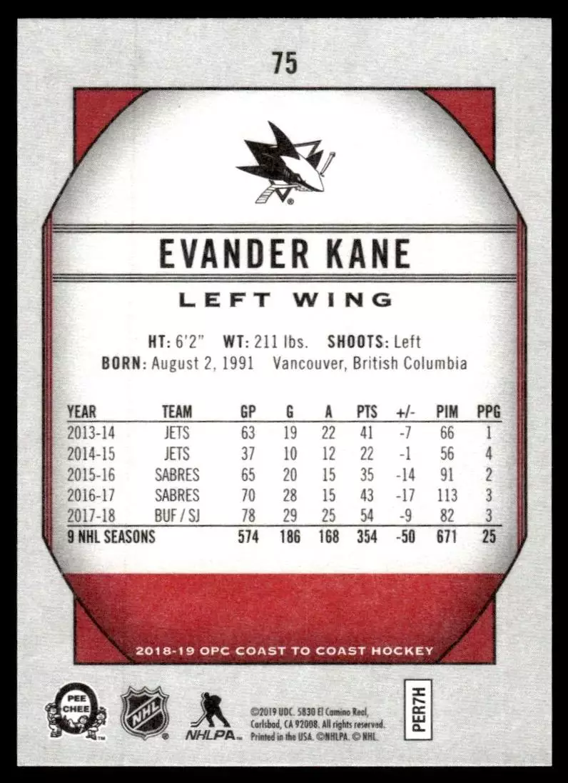 2018-19 O-Pee-Chee Coast to Coast #75 Evander Kane 1
