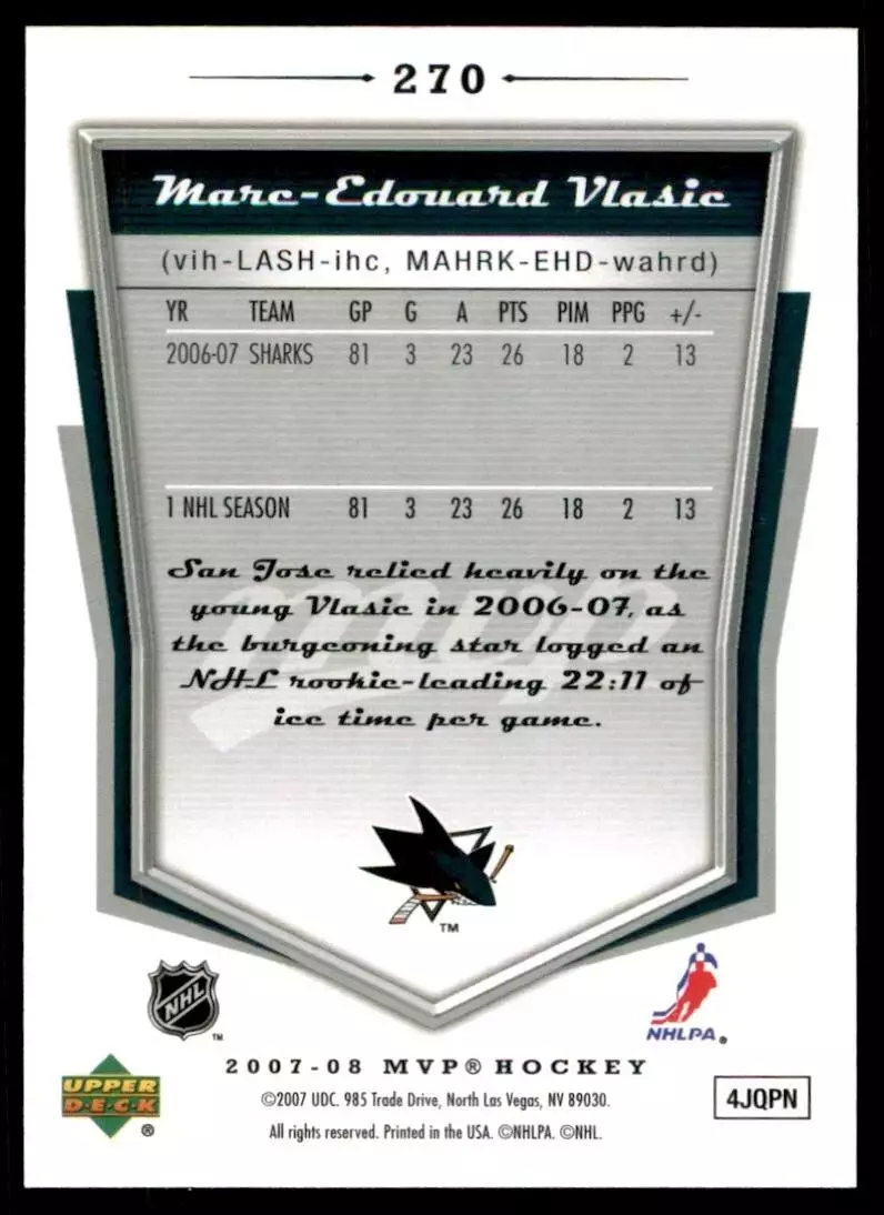 2007-08 Upper Deck MVP #270 Marc-Edouard Vlasic 1
