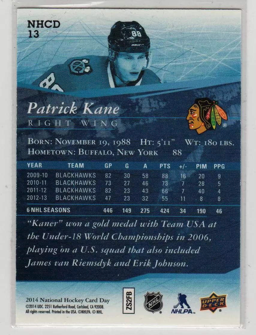 2013-14 Upper Deck National Hockey Card Day USA #NHCD13 Patrick Kane SS 1