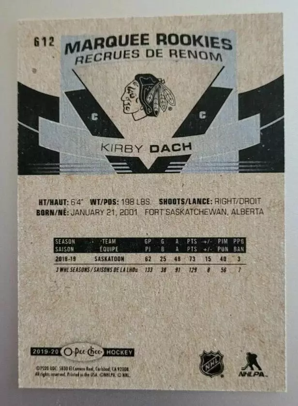 2019-20 O-Pee-Chee #612 Kirby Dach RC 1