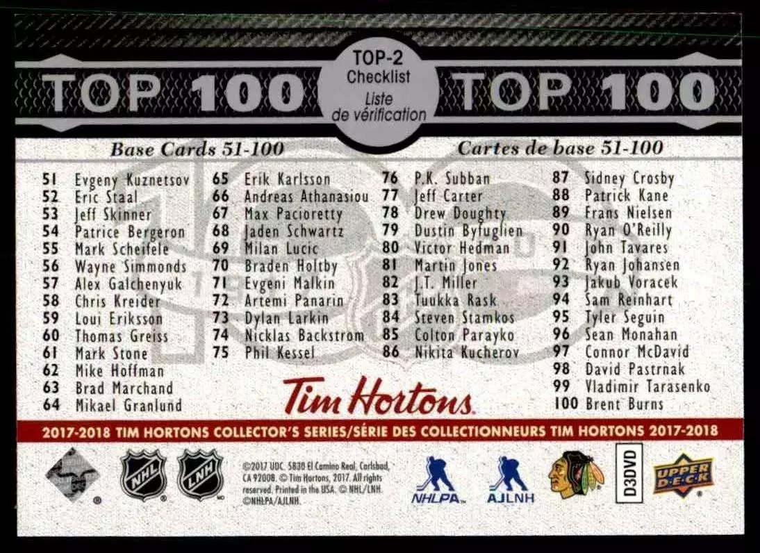 2017-18 Upper Deck Tim Hortons Top 100 #TOP2 Jonathan Toews 1