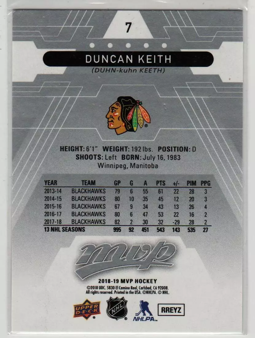 2018-19 Upper Deck MVP Silver Script #7 Duncan Keith 1